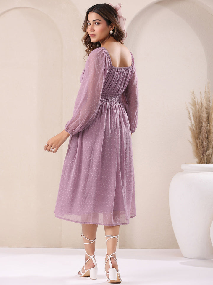 Lavender Dobby Chiffon Self Design Fit & Flare Dress - qivii