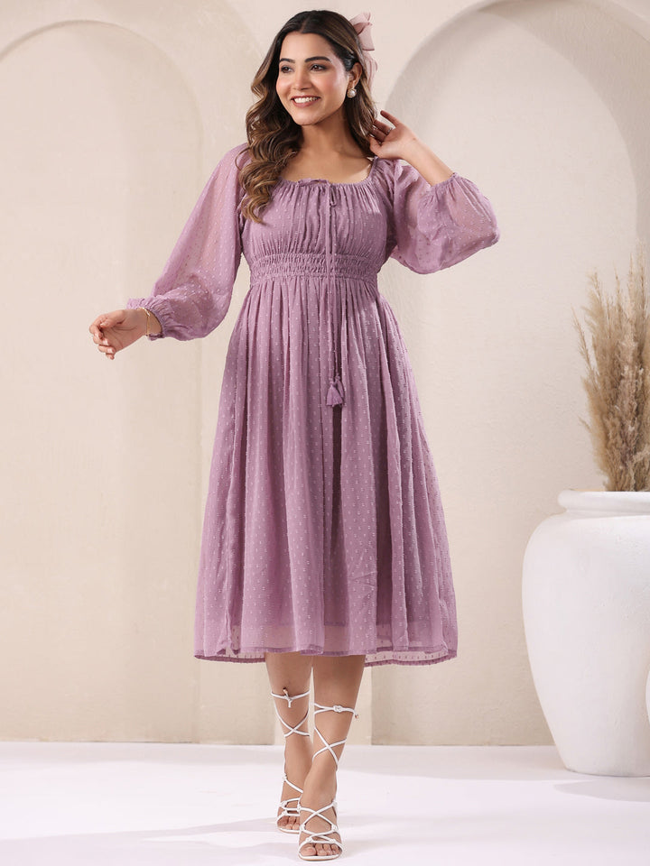 Lavender Dobby Chiffon Self Design Fit & Flare Dress - qivii