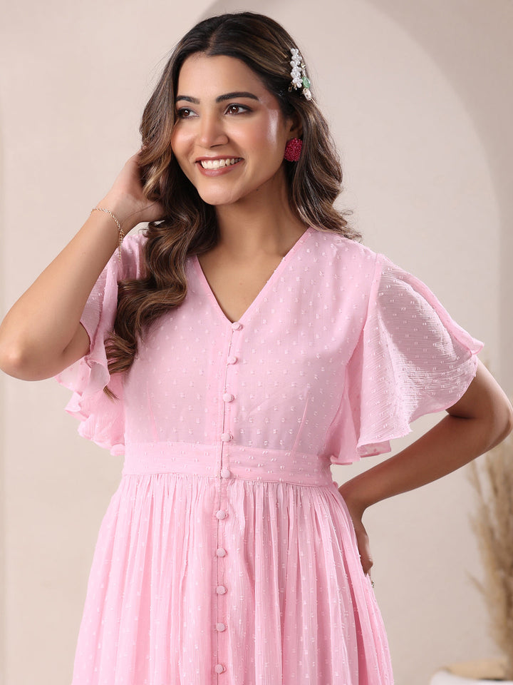 Light Pink Dobby Chiffon Self Design A-Line Dress - qivii
