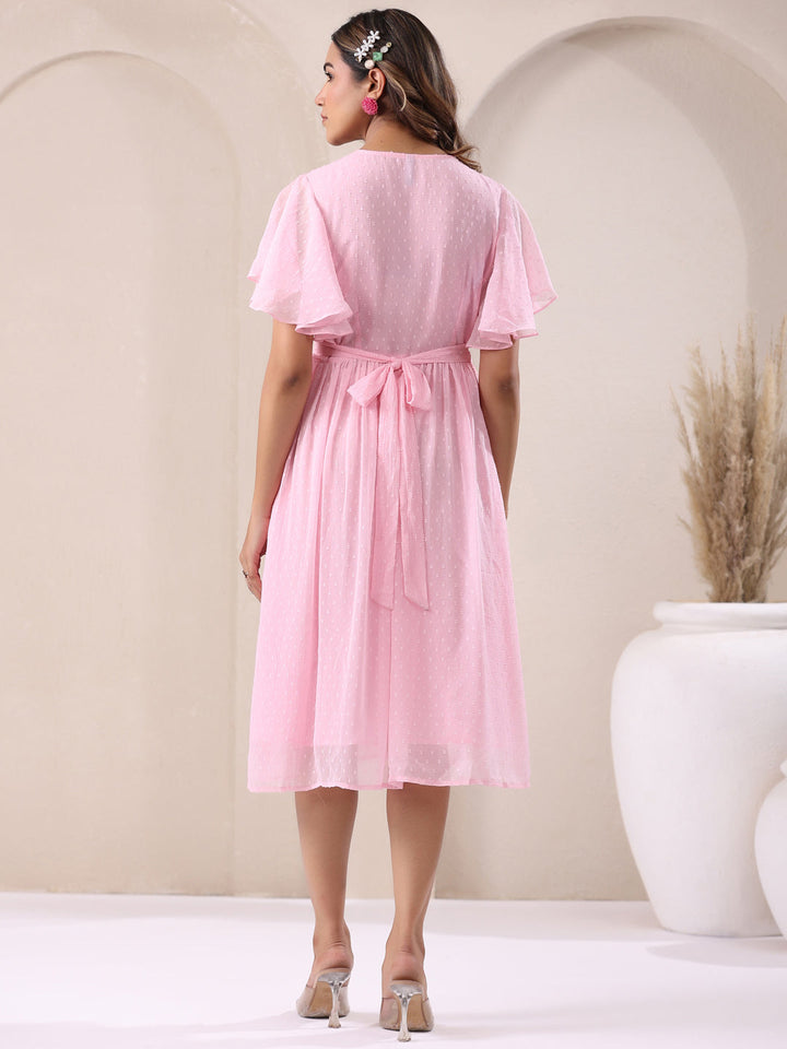 Light Pink Dobby Chiffon Self Design A-Line Dress - qivii