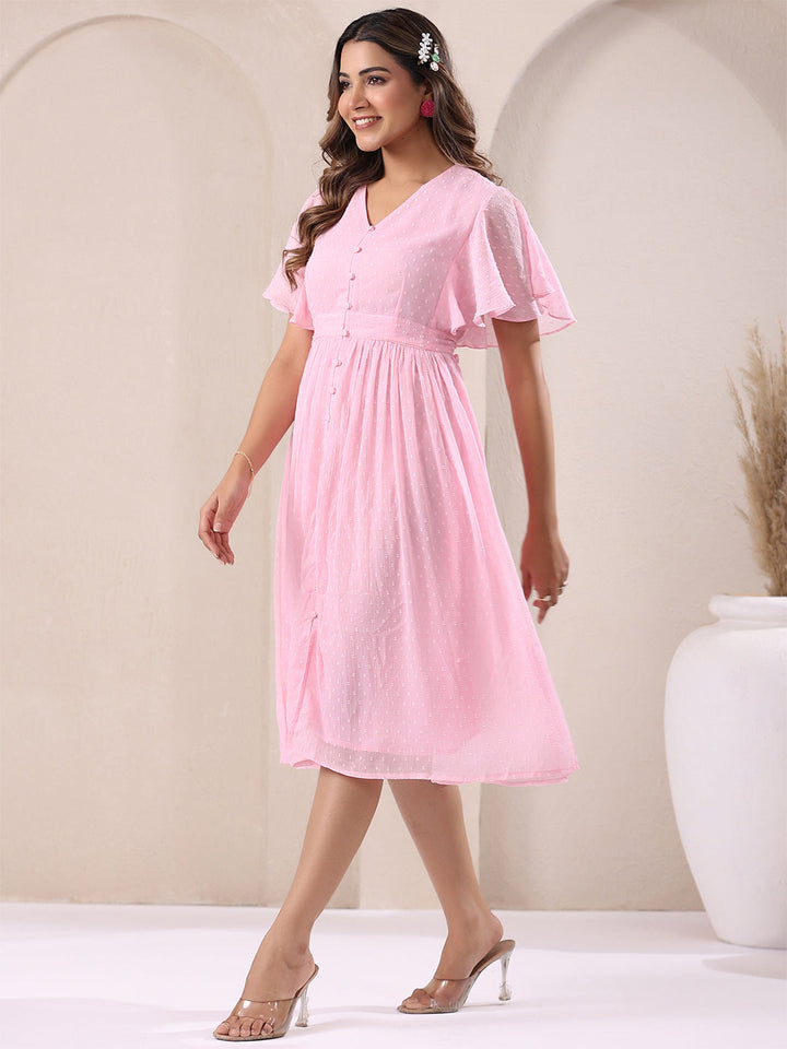 Light Pink Dobby Chiffon Self Design A-Line Dress - qivii