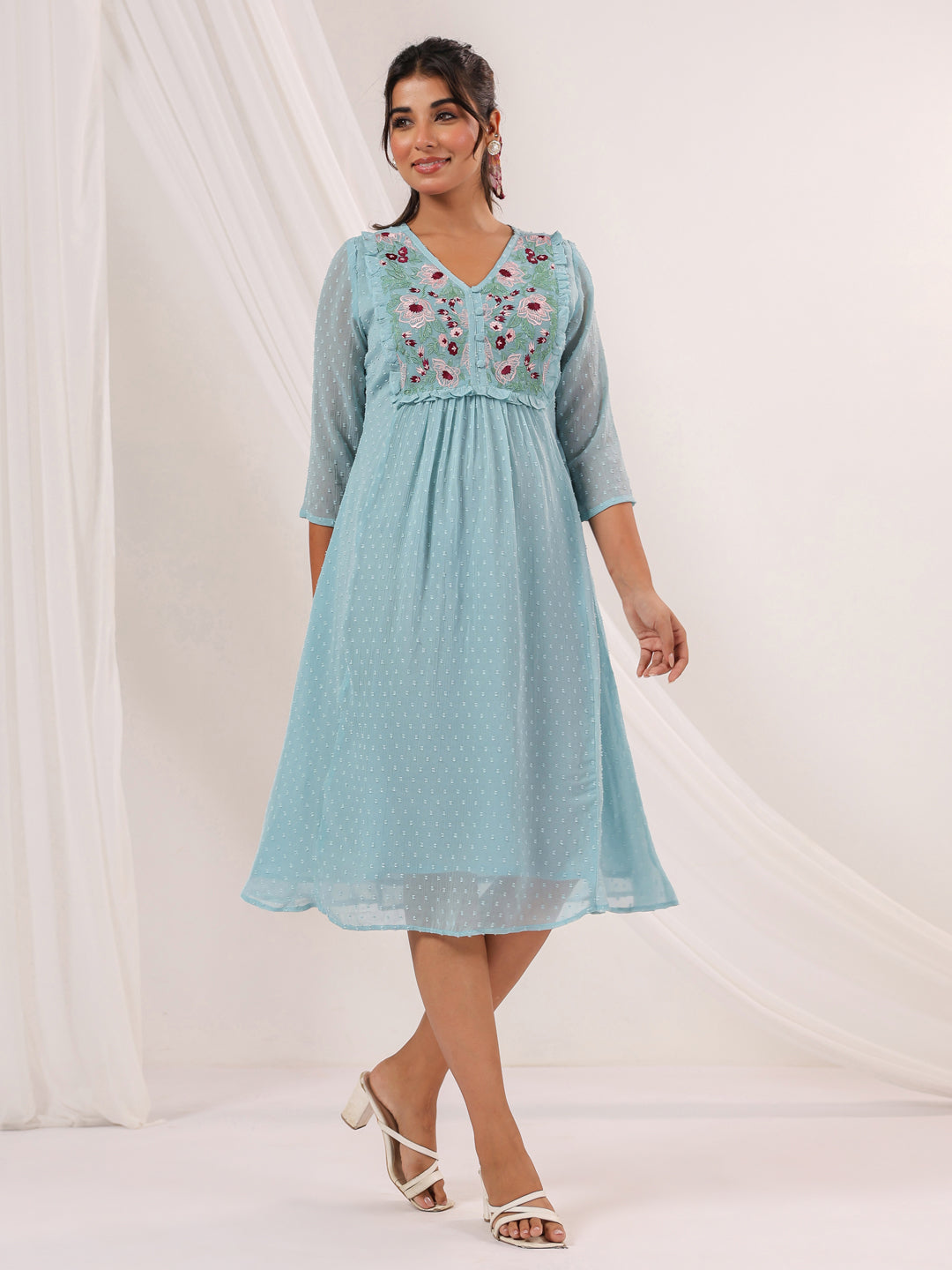 Janasya Women's Light Blue Dobby Chiffon Embroidered A-line Dress - qivii