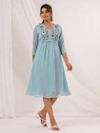Janasya Women's Light Blue Dobby Chiffon Embroidered A-line Dress