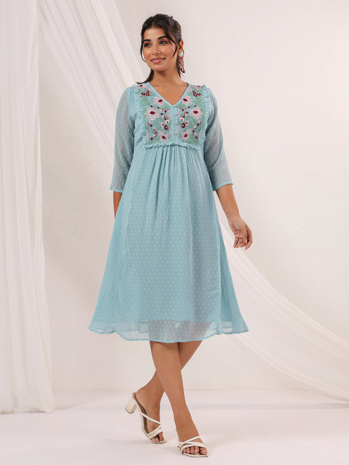 Janasya Women's Light Blue Dobby Chiffon Embroidered A-line Dress - qivii