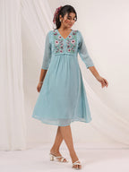Janasya Women's Light Blue Dobby Chiffon Embroidered A-line Dress