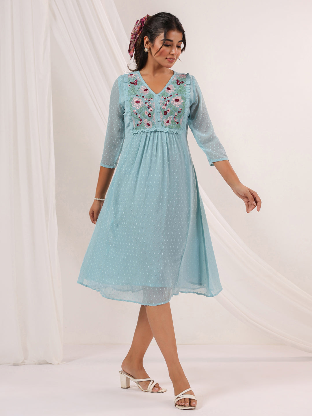 Janasya Women's Light Blue Dobby Chiffon Embroidered A-line Dress