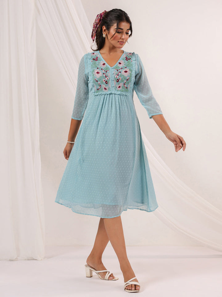 Janasya Women's Light Blue Dobby Chiffon Embroidered A-line Dress - qivii
