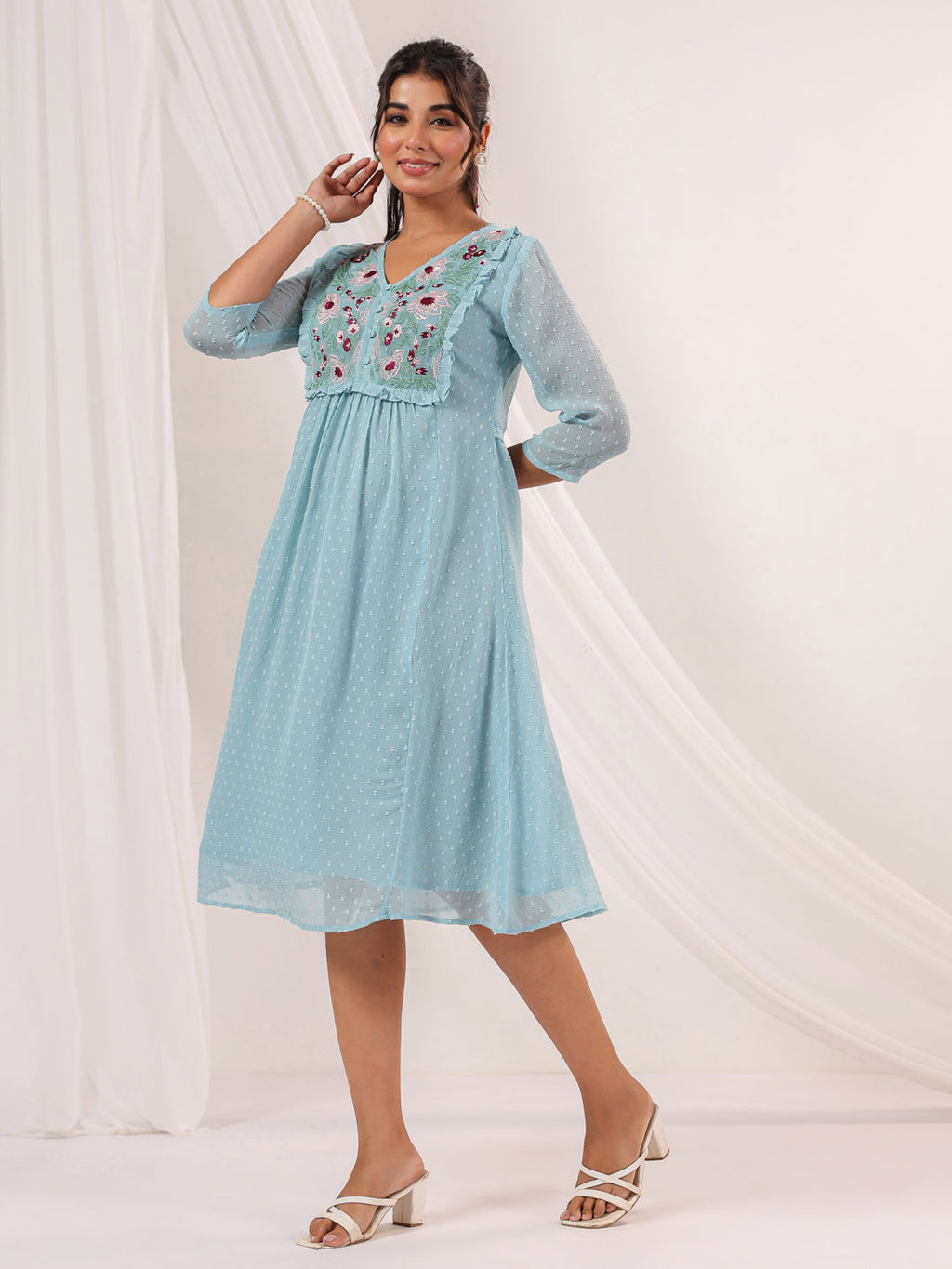 Janasya Women's Light Blue Dobby Chiffon Embroidered A-line Dress