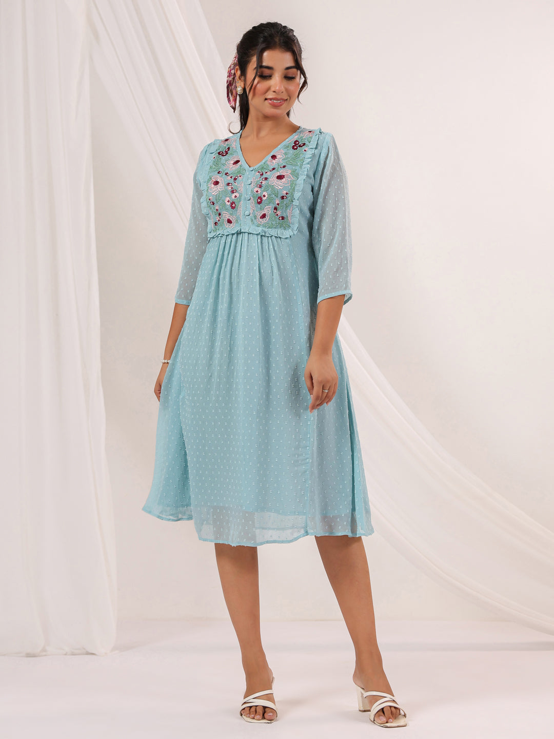 Janasya Women's Light Blue Dobby Chiffon Embroidered A-line Dress