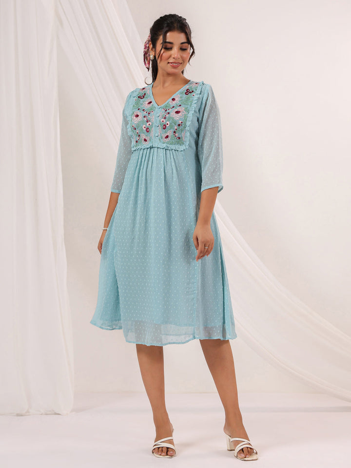 Janasya Women's Light Blue Dobby Chiffon Embroidered A-line Dress - qivii