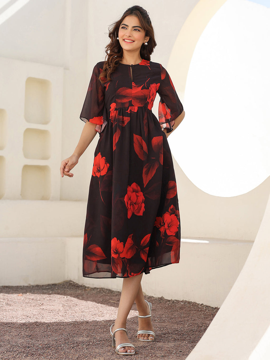Black Georgette Floral Printed A-line Dress