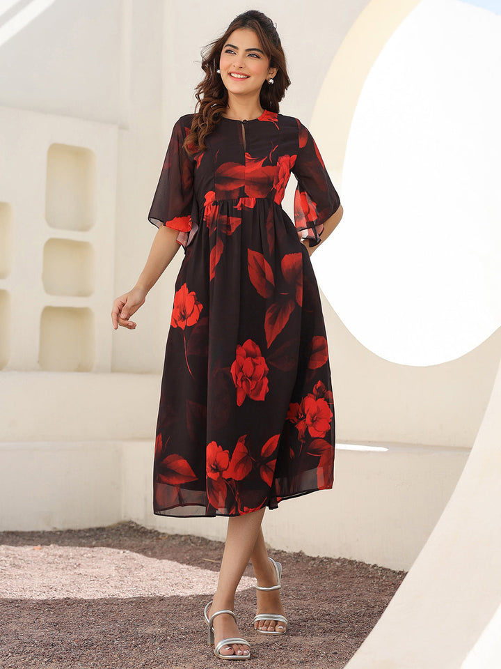 Black Georgette Floral Printed A-line Dress - qivii