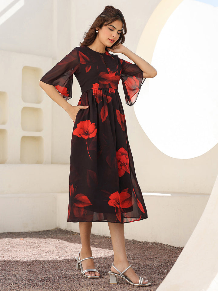 Black Georgette Floral Printed A-line Dress - qivii
