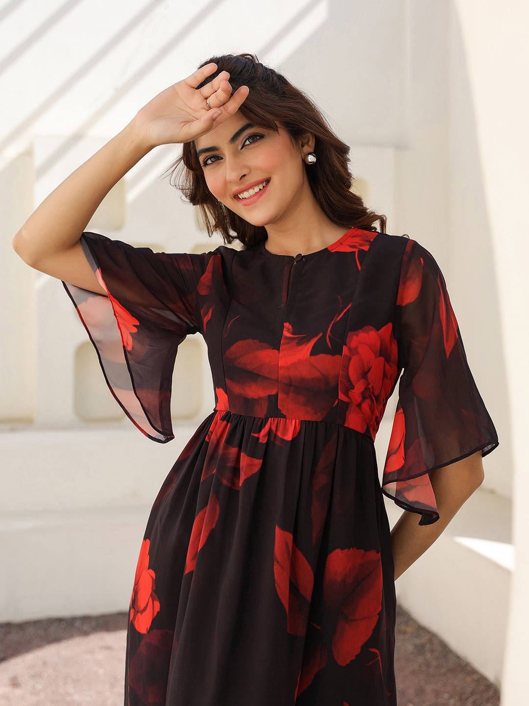 Black Georgette Floral Printed A-line Dress - qivii