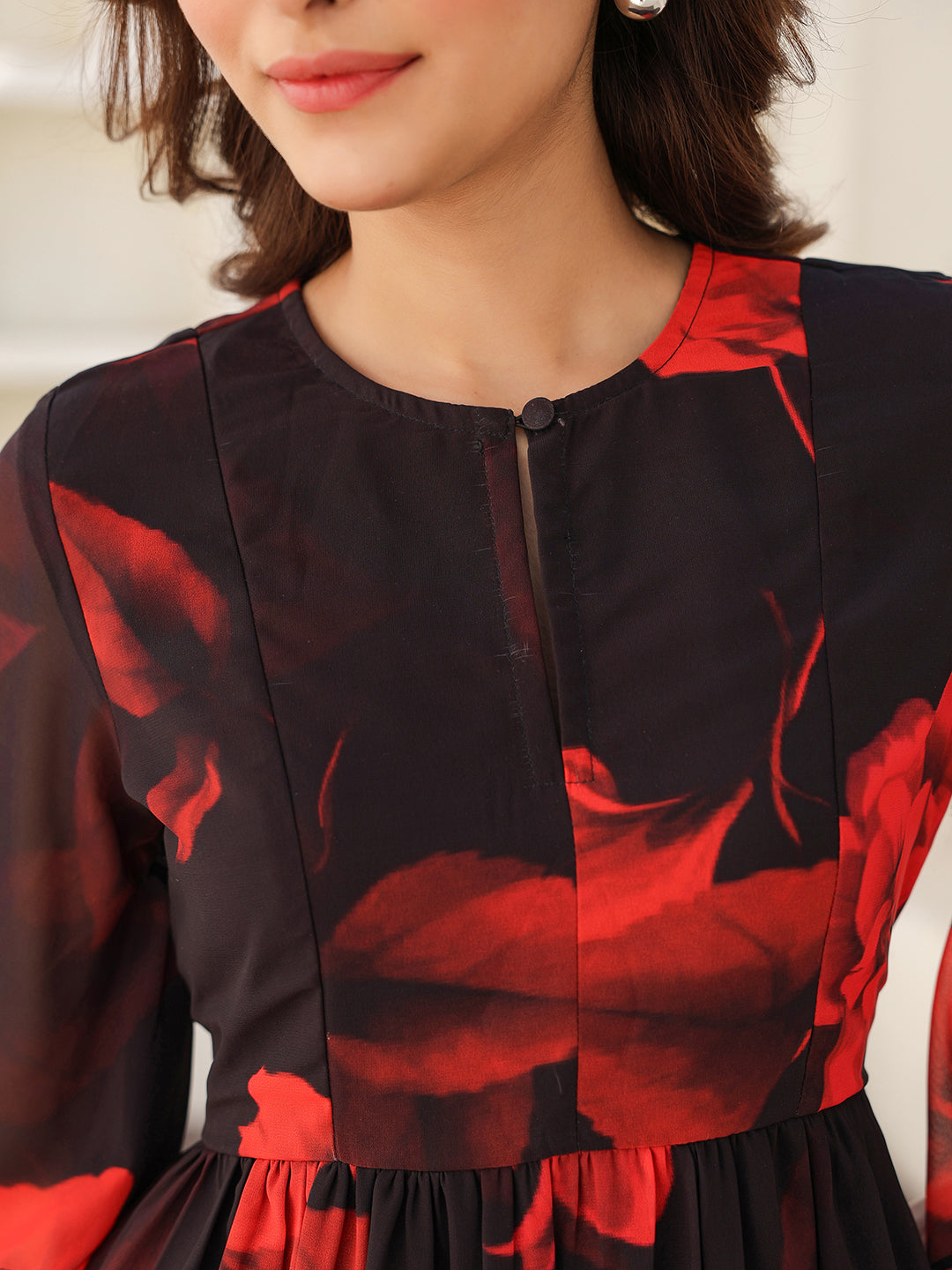 Black Georgette Floral Printed A-line Dress