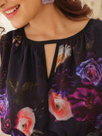 Janasya Women's Black Georgette Floral Printed Gathered Dress