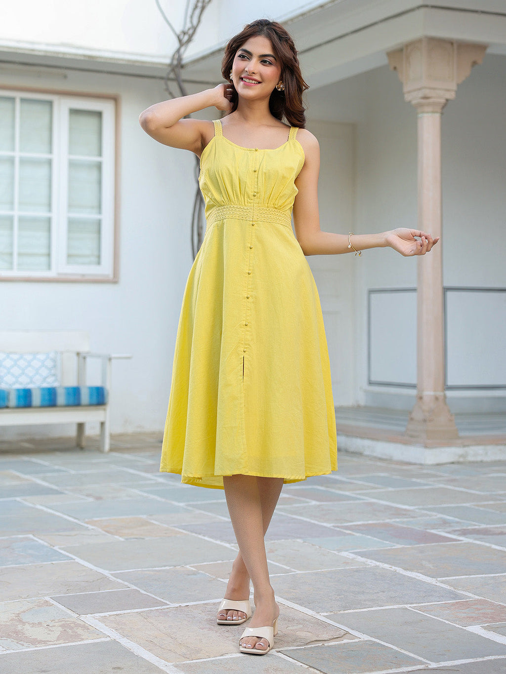 Yellow Pure Cotton Solid A-line Dress