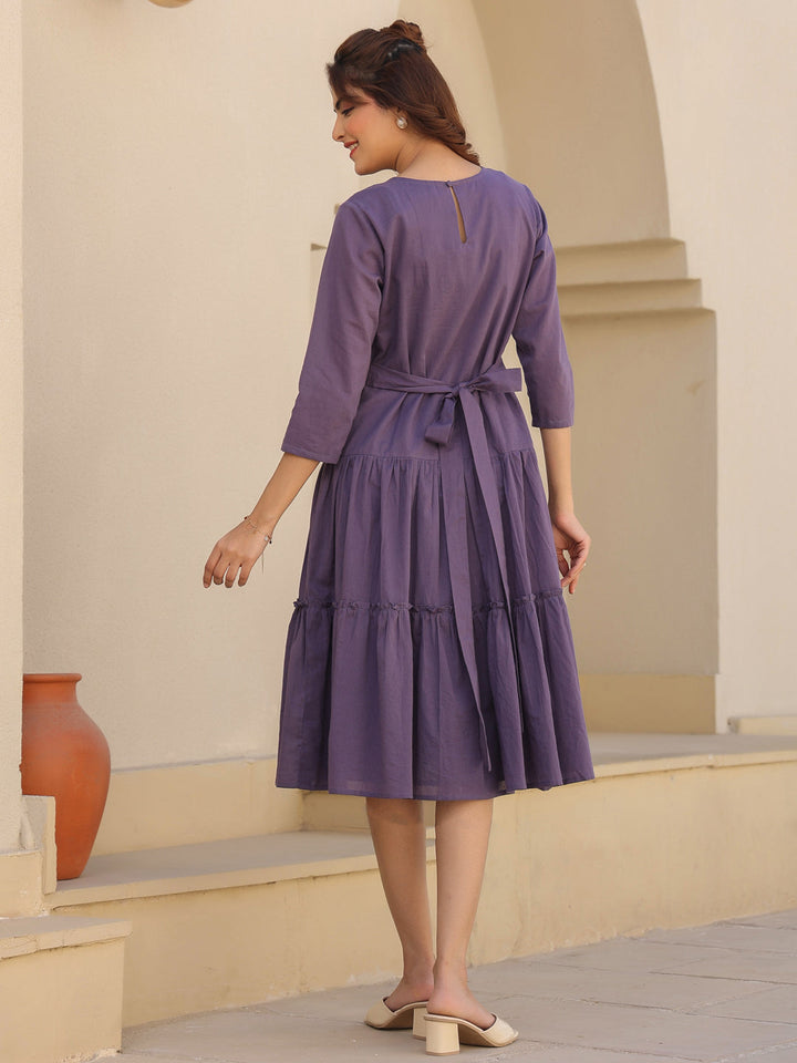 Lavender Pure Cotton Tiered Dress - qivii