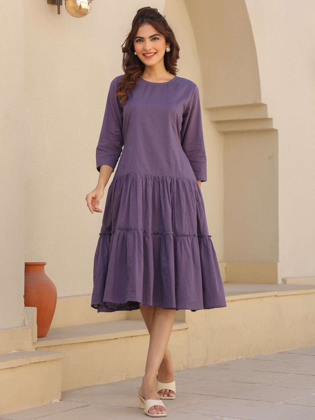 Lavender Pure Cotton Tiered Dress - qivii