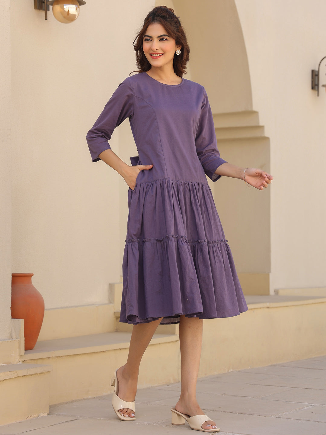Lavender Pure Cotton Tiered Dress - qivii