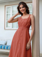 Rust Pure Cotton Solid A-line Dress