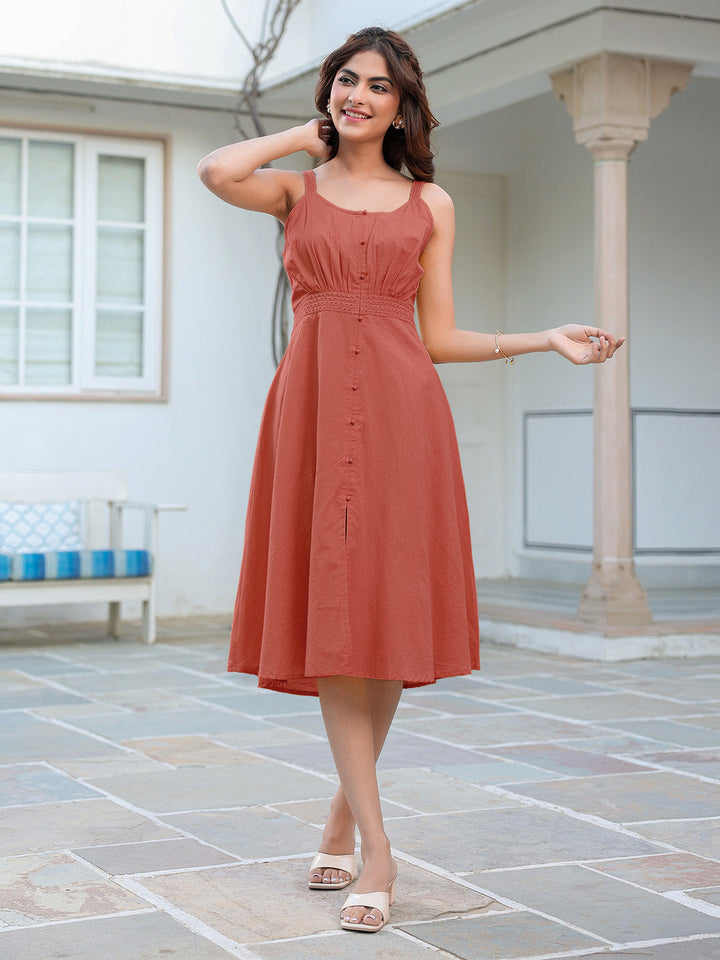 Rust Pure Cotton Solid A-line Dress - qivii