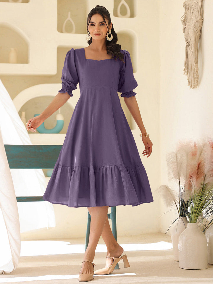 Purple Pure Cotton Solid A-line Dress - qivii