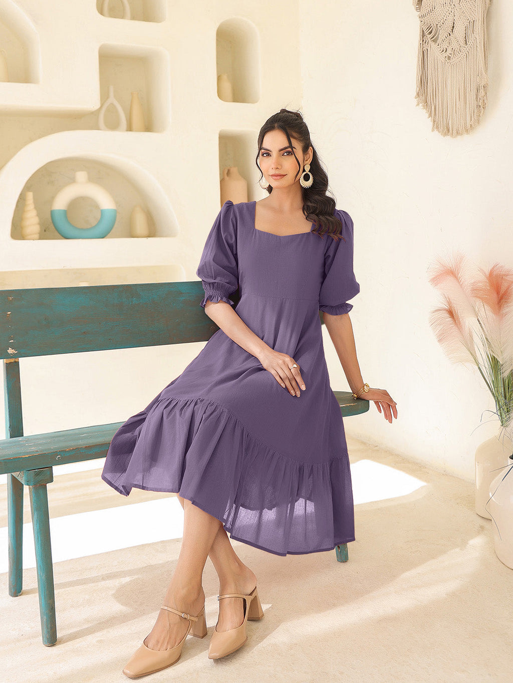 Purple Pure Cotton Solid A-line Dress