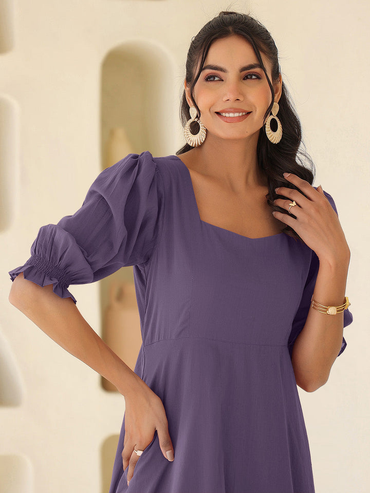 Purple Pure Cotton Solid A-line Dress - qivii