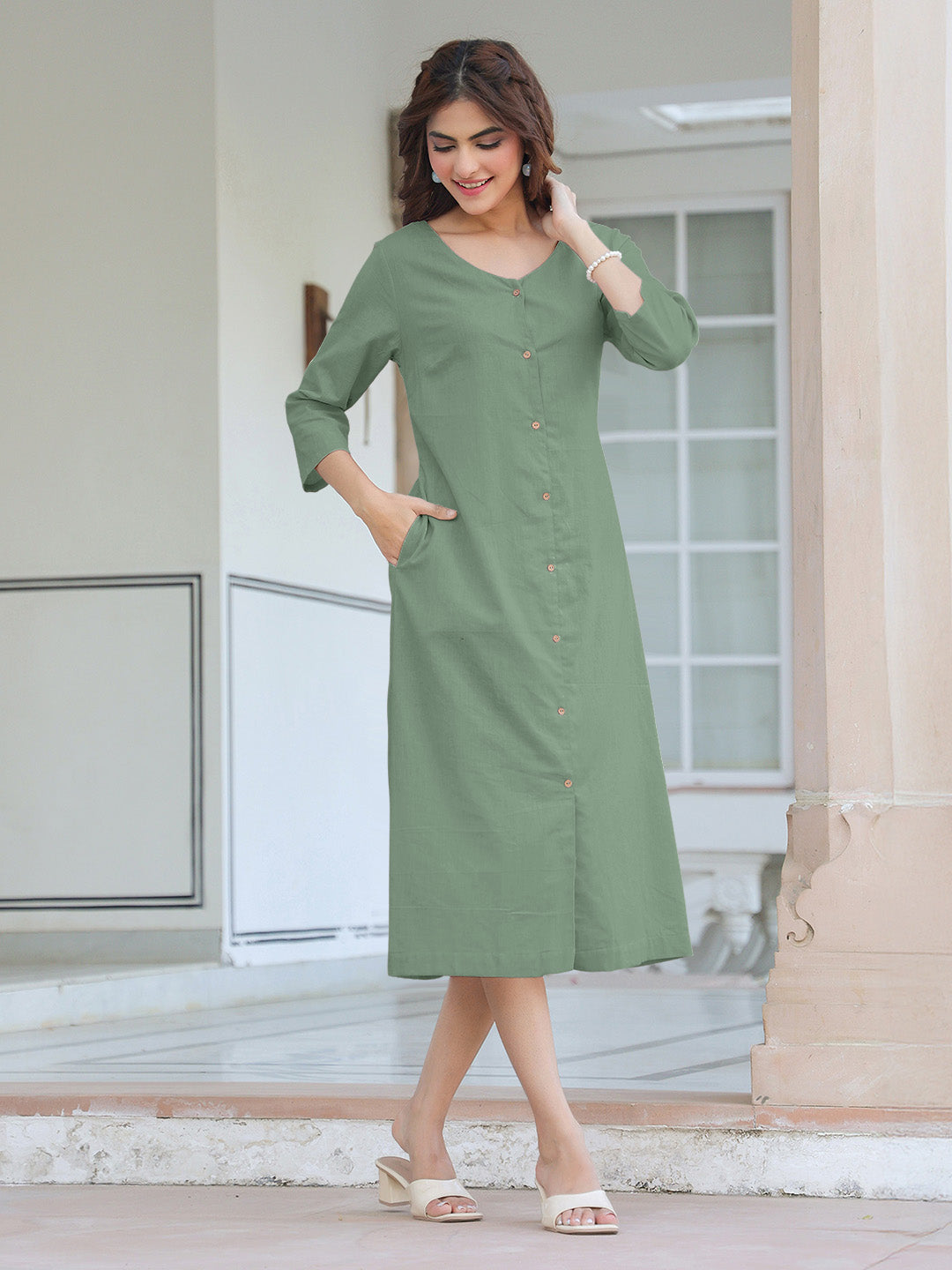 Green Cotton Solid Straight Dress