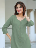 Green Cotton Solid Straight Dress