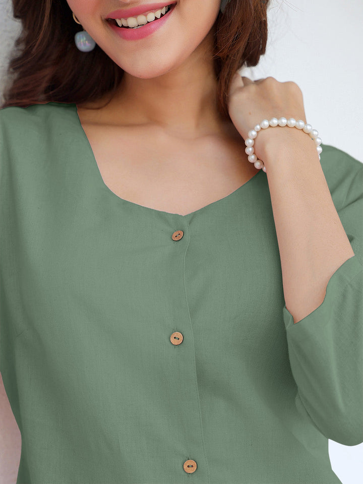 Green Cotton Solid Straight Dress - qivii