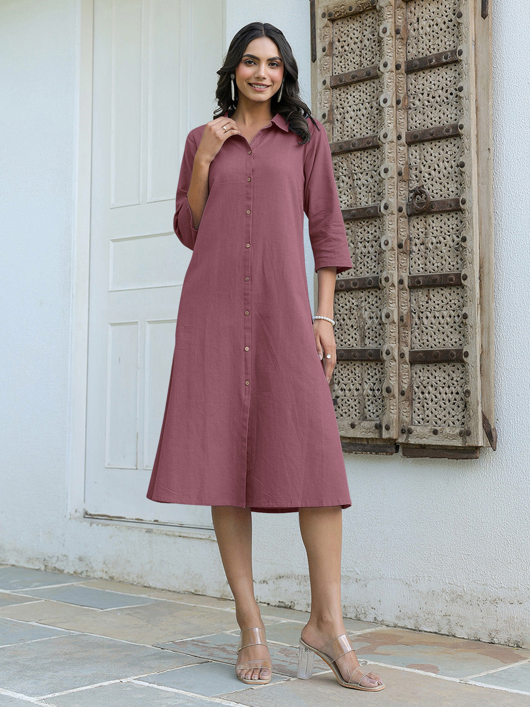 Mauve Cotton Solid A-line Dress