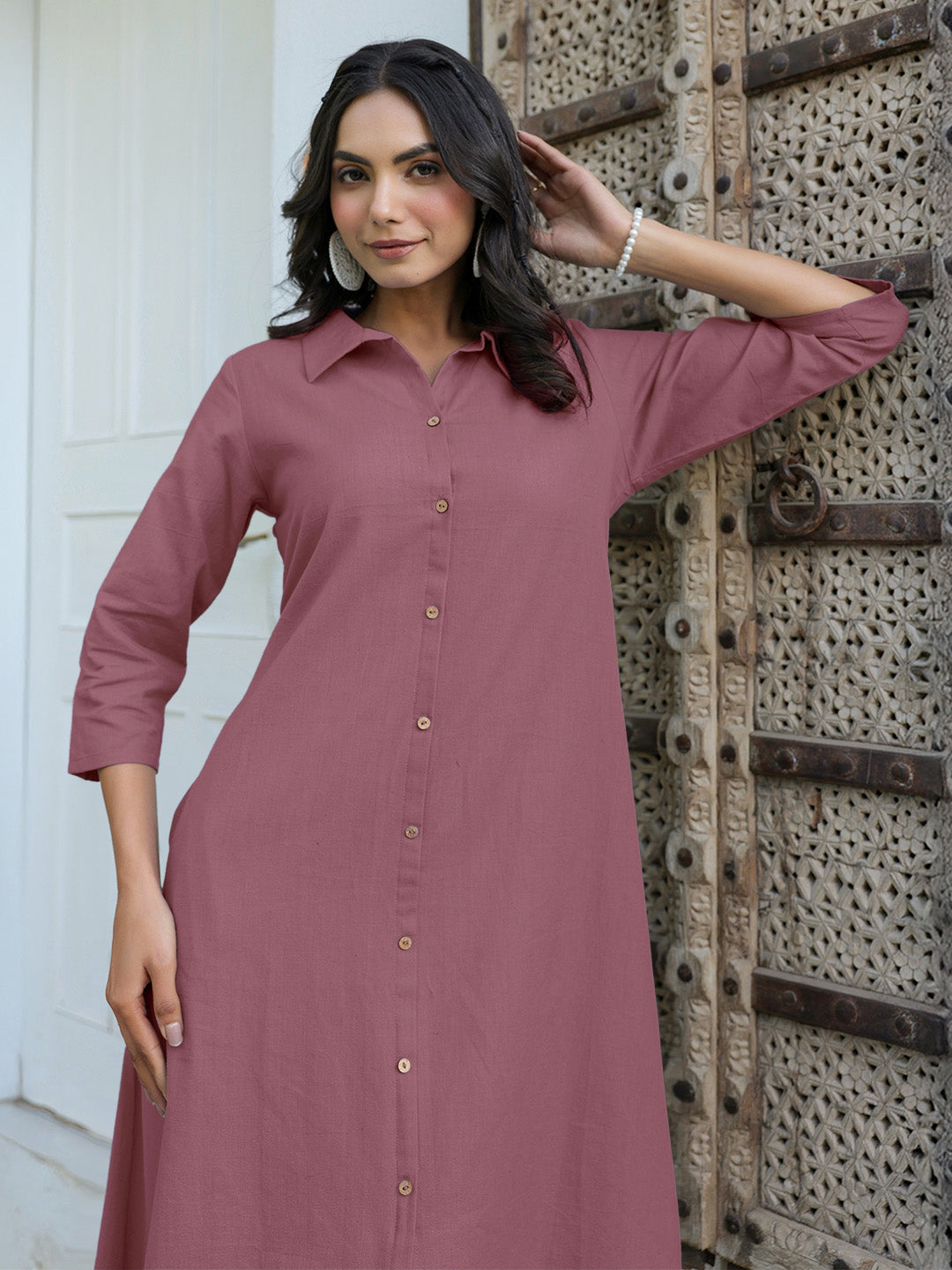 Mauve Cotton Solid A-line Dress - qivii