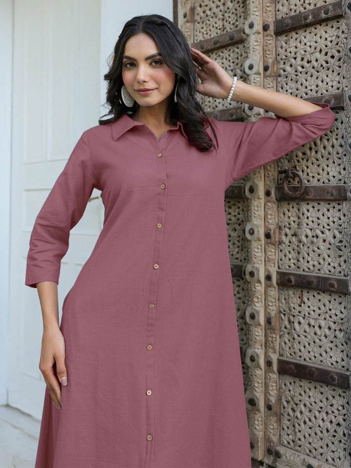 Mauve Cotton Solid A-line Dress - qivii