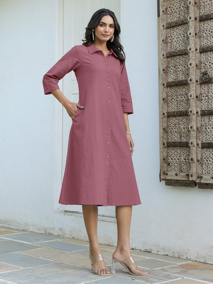Mauve Cotton Solid A-line Dress - qivii