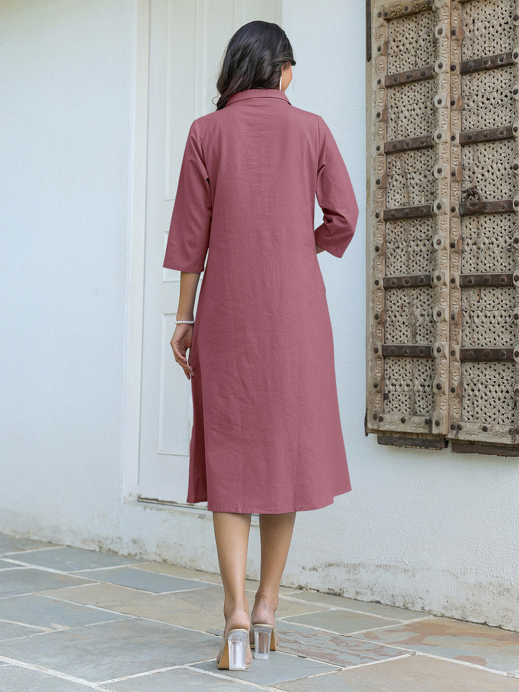 Mauve Cotton Solid A-line Dress