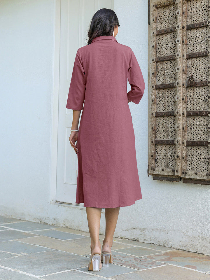 Mauve Cotton Solid A-line Dress - qivii