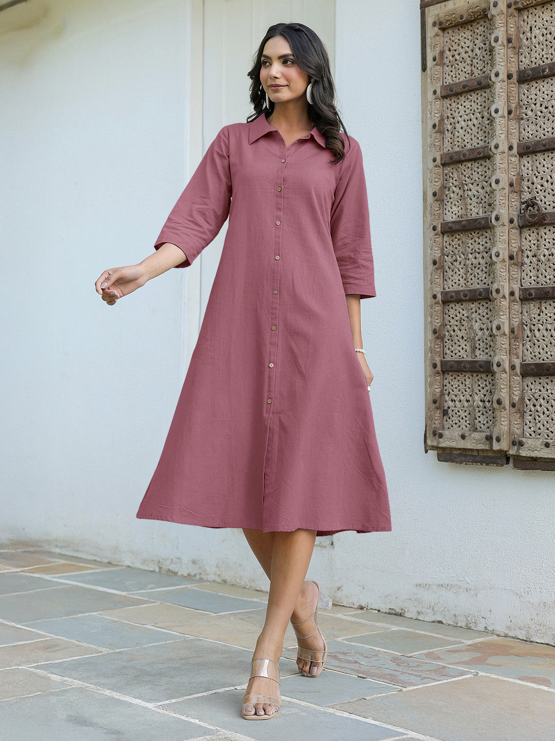Mauve Cotton Solid A-line Dress - qivii