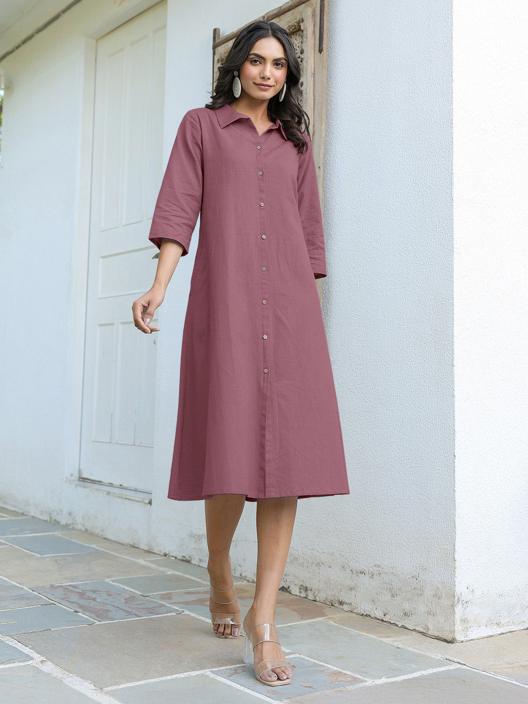 Mauve Cotton Solid A-line Dress - qivii