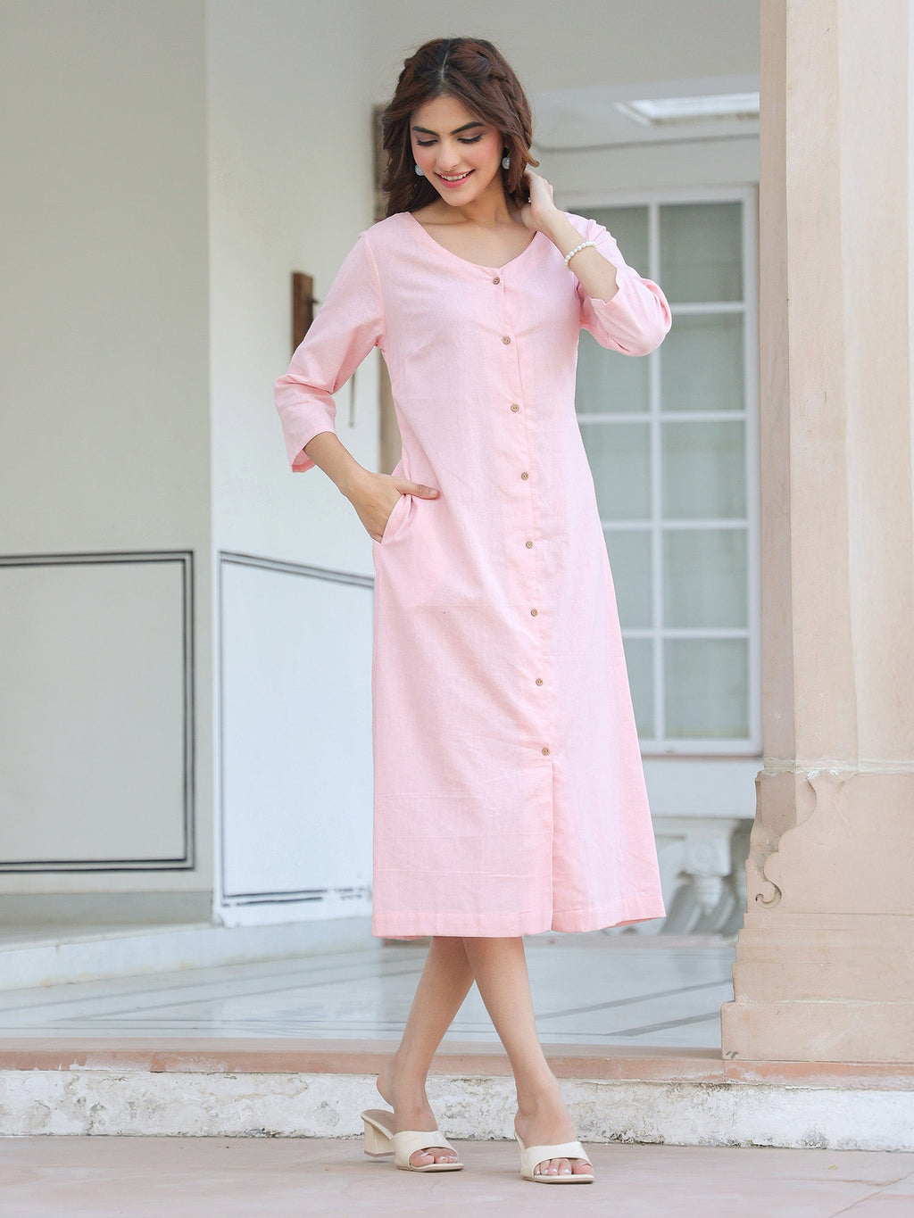 Pink Cotton Solid A-line Dress