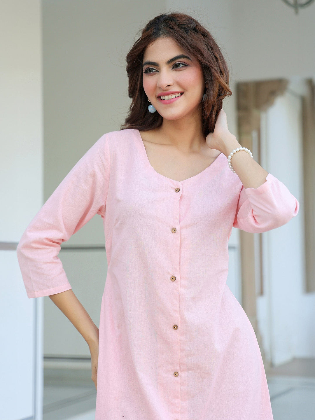 Pink Cotton Solid A-line Dress - qivii