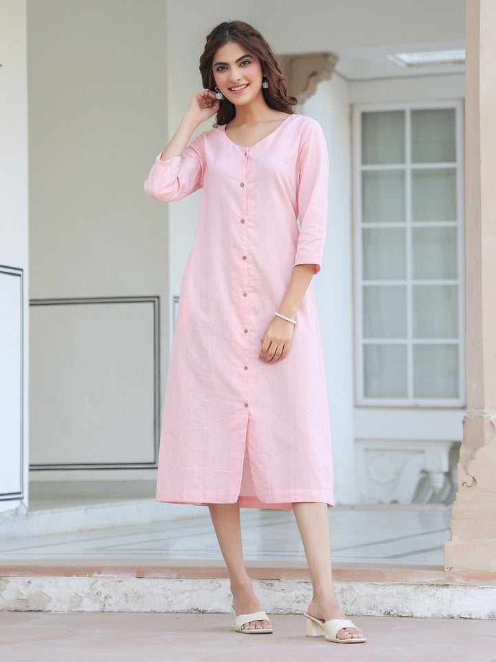 Pink Cotton Solid A-line Dress - qivii