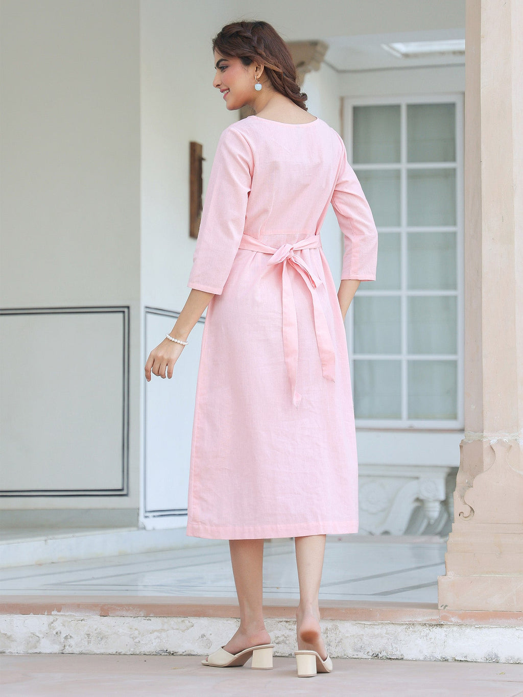 Pink Cotton Solid A-line Dress