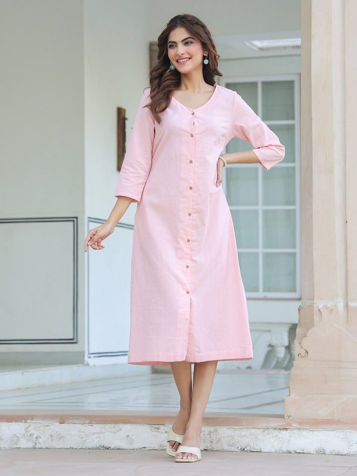 Pink Cotton Solid A-line Dress - qivii