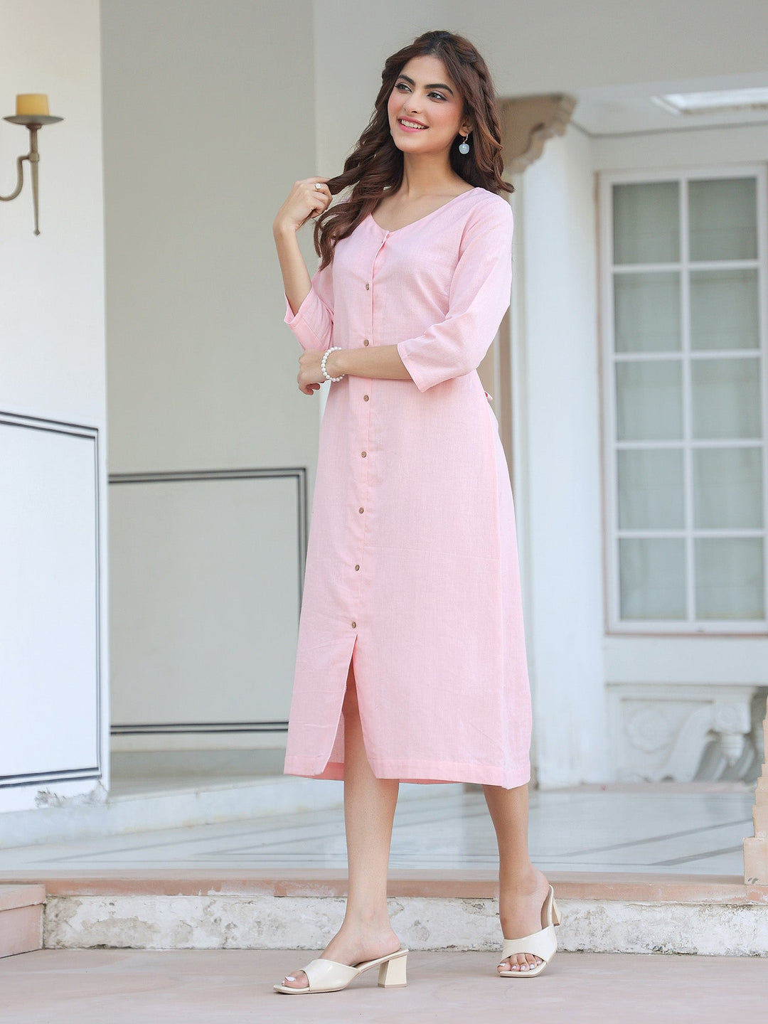 Pink Cotton Solid A-line Dress - qivii