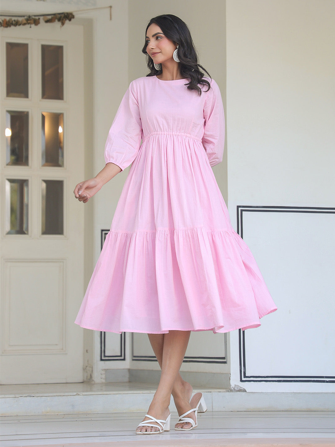 Light Pink Pure Cotton Solid Tiered Dress