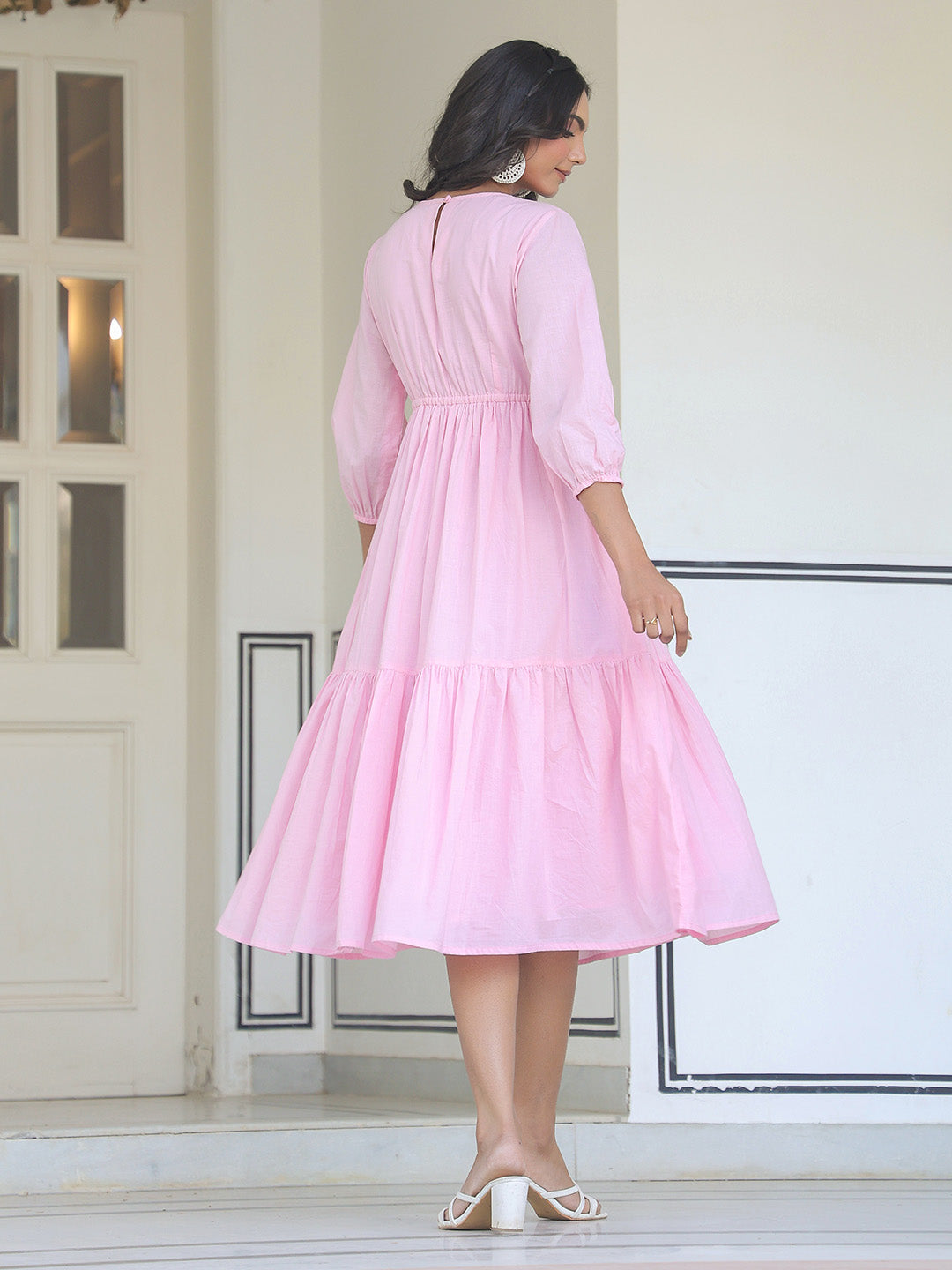 Light Pink Pure Cotton Solid Tiered Dress - qivii