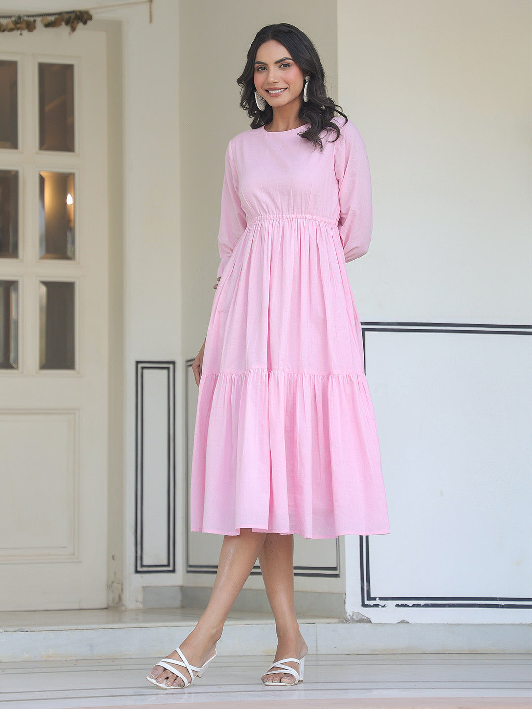 Light Pink Pure Cotton Solid Tiered Dress - qivii