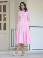 Light Pink Pure Cotton Solid Tiered Dress